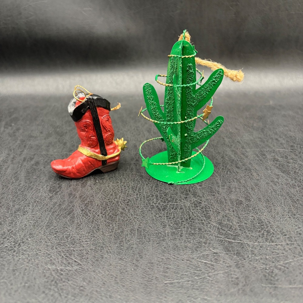 Western Christmas Ornament Set Red Cowboy Boot and Green Saguaro Cactus 2pc